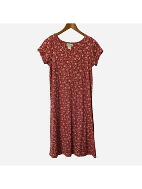 90s L.L. Bean Cranberry Ditsy Daisy Floral Midi T Shirt Dress Size XS Petite